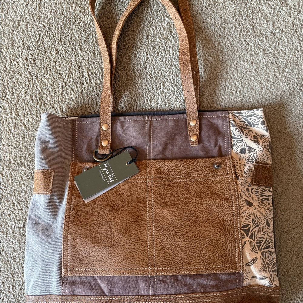 Myra Bag Brown and Tan Tote with Patterned Accent